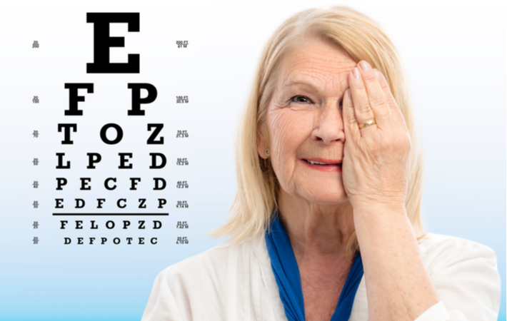 Senior women undergoing eye exam with eye chart in background