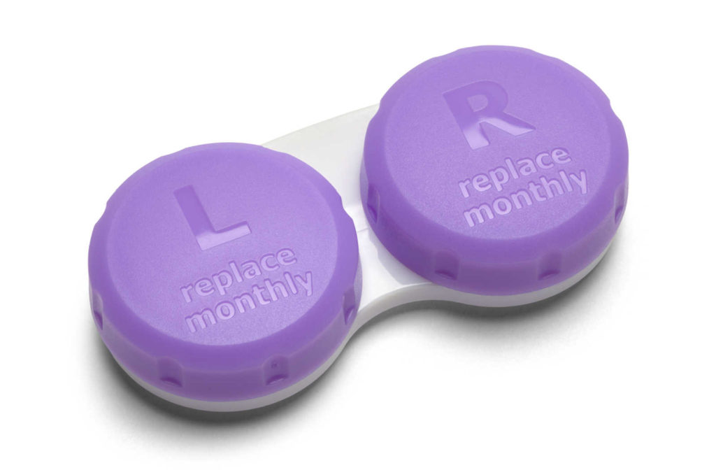 Contact lenses casing with the written word replace monthly