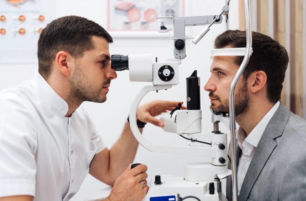 A middle-aged adult undergoes a comprehensive eye exam, including tests for glaucoma, so their eye doctor can rule the eye disease out.