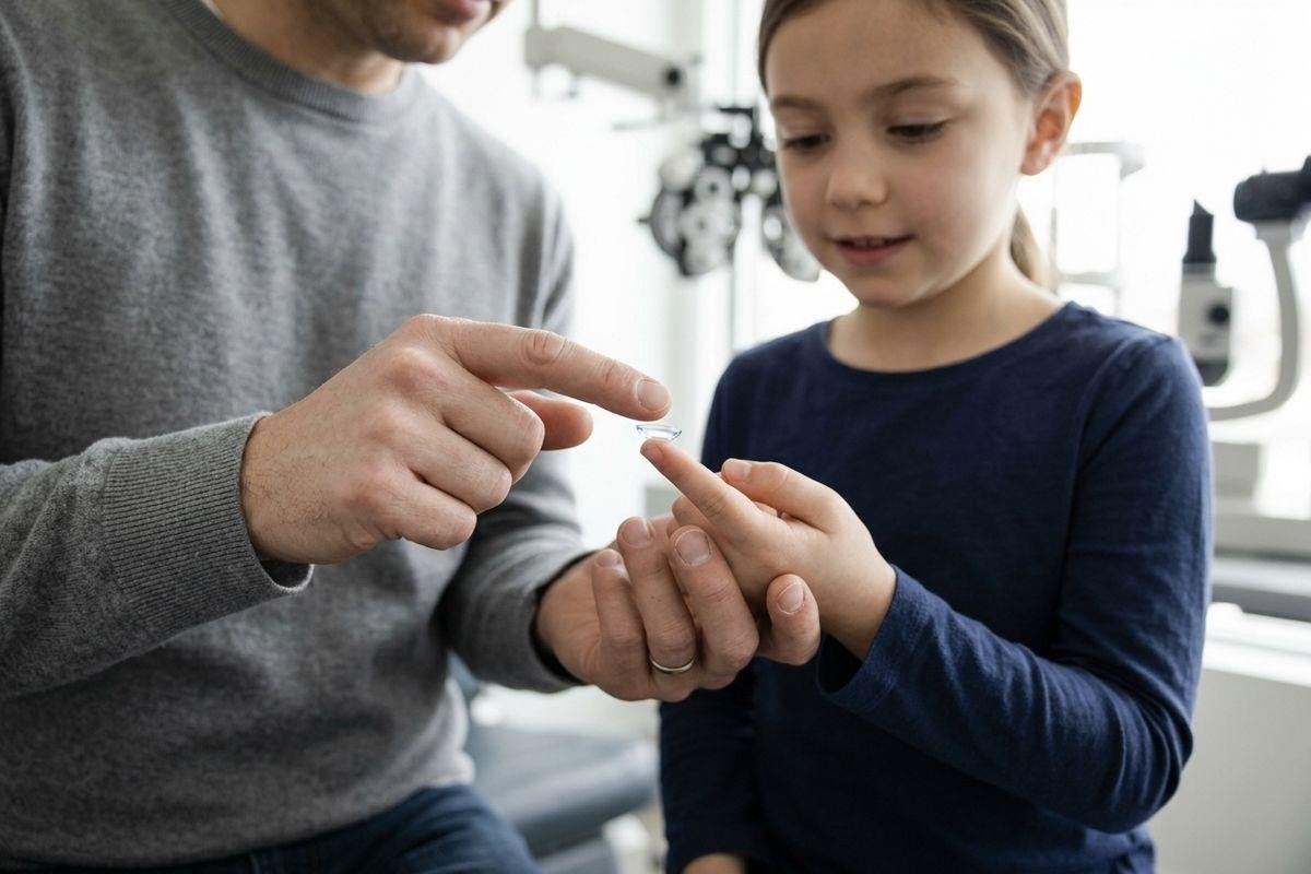 adult-showing-a-child-a-contact-lens-on-their-finger-in-an-optometry-clinic-with