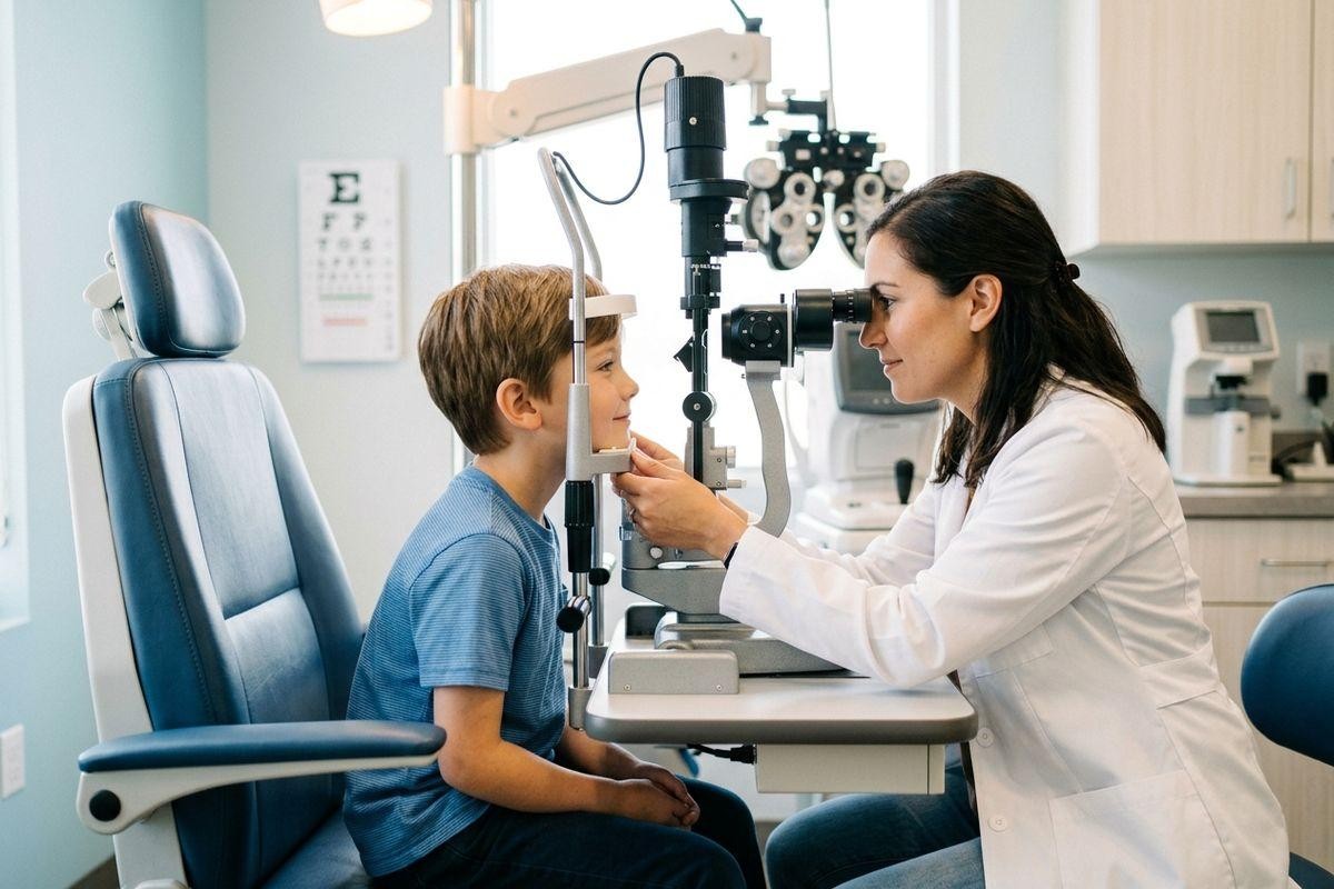 Optometrist using a slit lamp to examine a child's eyes during an eye exam in a clinical setting with an eye chart on the wall.