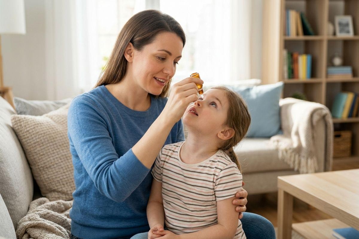 Adult administering drops from a dropper to a child on a sofa in a living room.