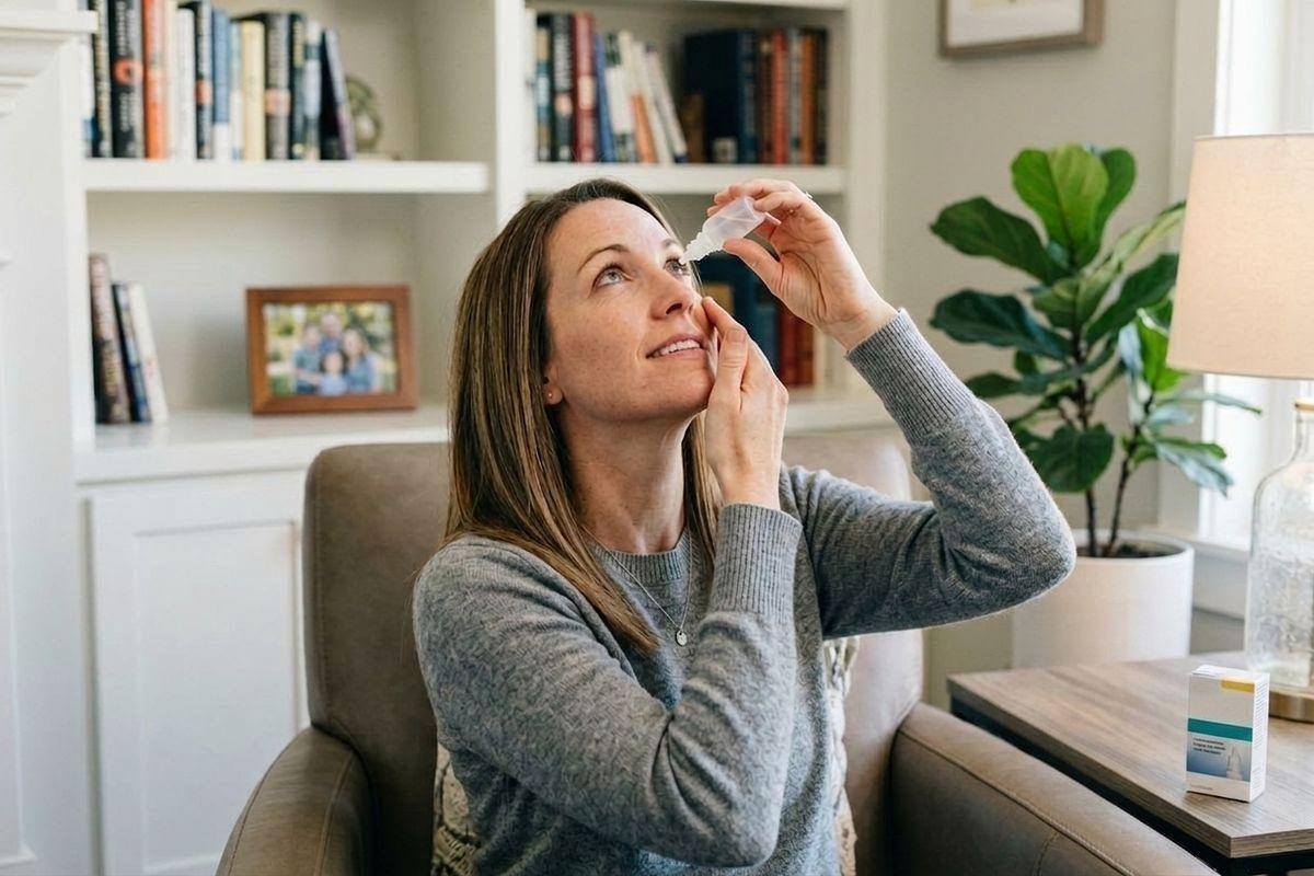 Woman seated in armchair applying eye drops, looking upward, in a living room with bookshelves and a plant.
