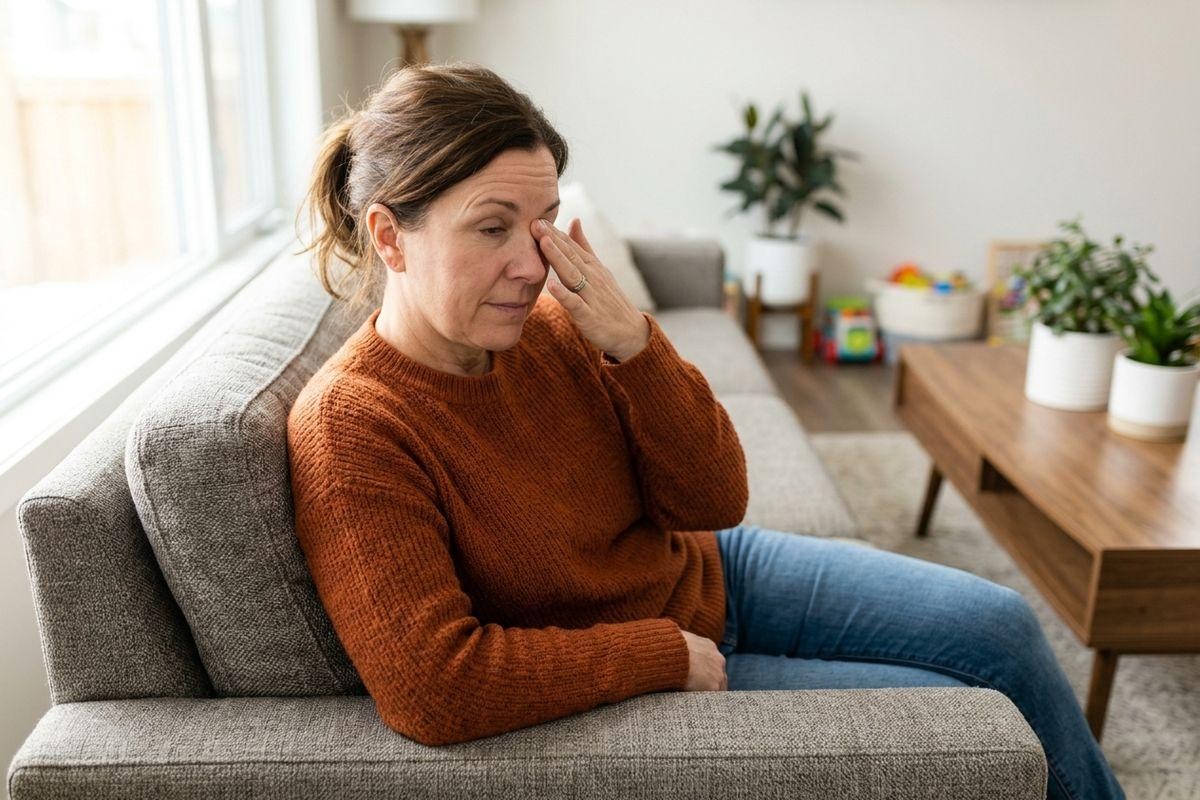 Adult in orange sweater sitting on a gray couch, rubbing one eye with a tired expression in a living room.