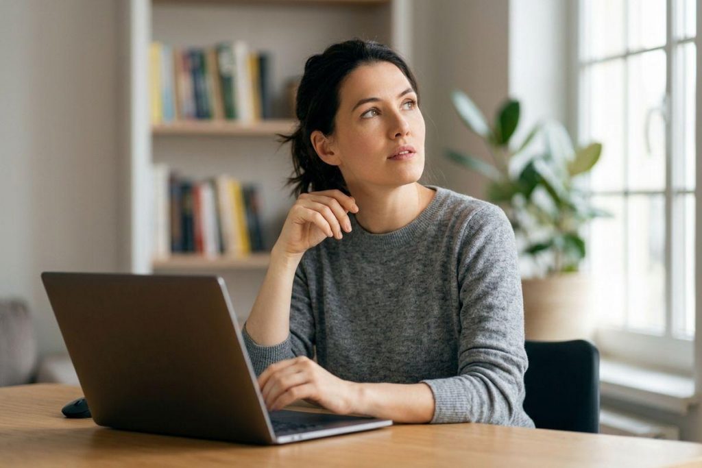 Person in gray sweater at a laptop, looking away thoughtfully, with bookshelf and plant in background.