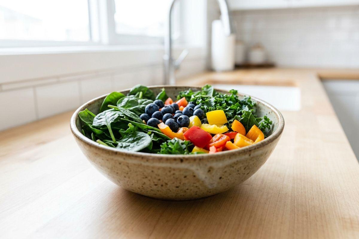 Salad bowl with spinach, kale, blueberries, and chopped peppers on a wooden kitchen counter near a sink.