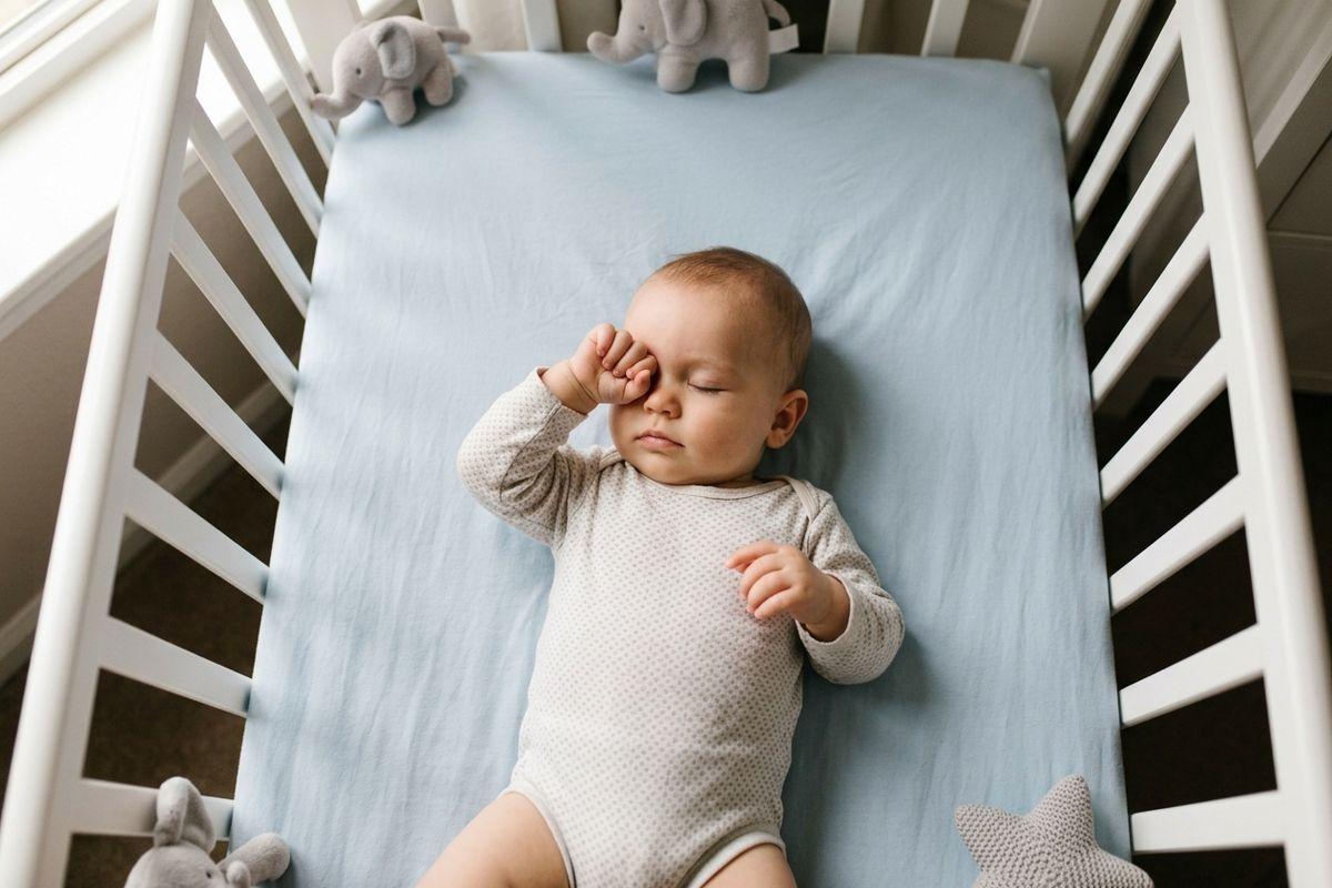 Baby in a white onesie lying in a white crib on a light blue sheet, rubbing one eye with eyes closed, surrounded by plush elephants and a star.