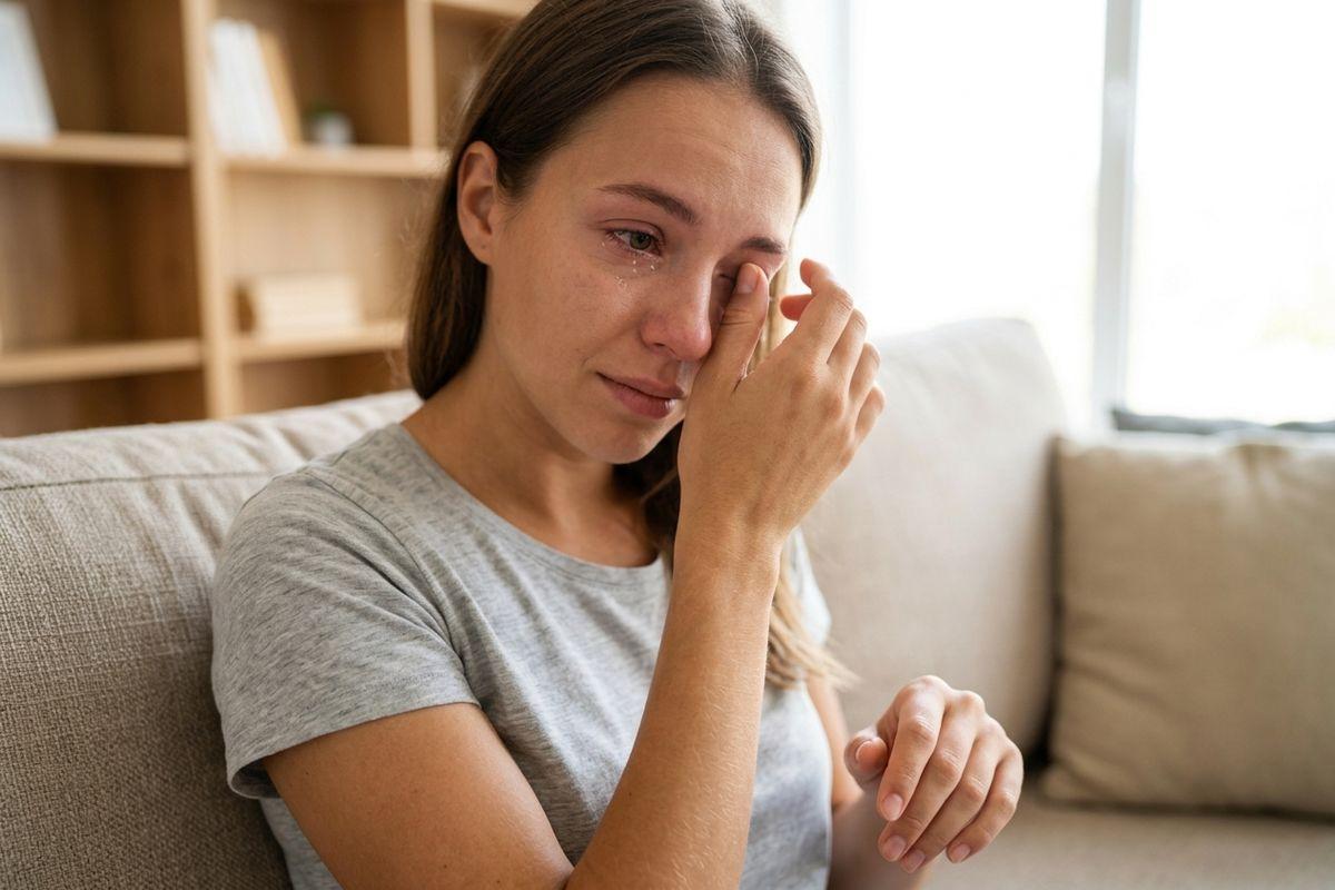 Tearful adult in a gray T-shirt wipes an eye with one hand while sitting on a beige couch in a bright living room.